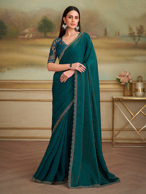 Green Georgette Saree for Occasion Wear with Tussar Silk Blouse