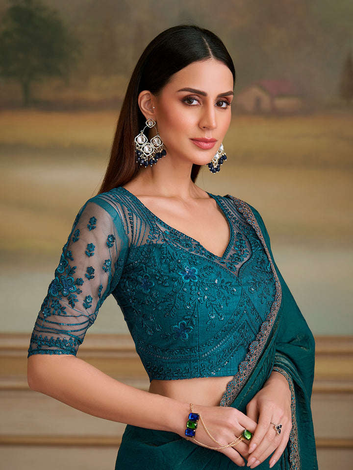 Green Georgette Saree for Occasion Wear with Tussar Silk Blouse