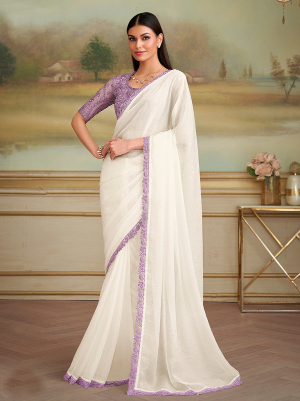 White Georgette Saree for Occasion Wear with Lavender Tussar Silk Blouse