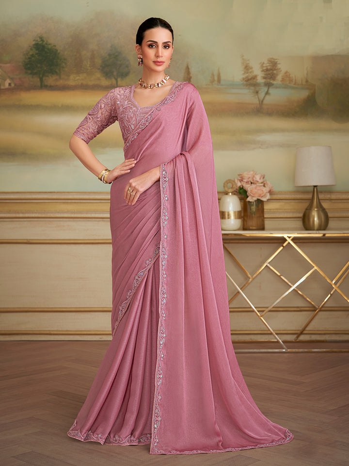 Onion Pink Georgette Saree for Occasions with Tussar Silk Blouse