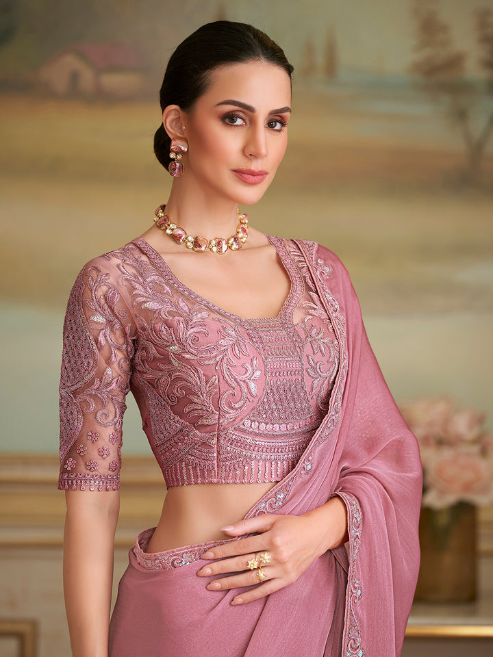 Onion Pink Georgette Saree for Occasions with Tussar Silk Blouse