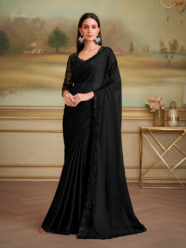 Black Satin Chiffon Saree For Party Wear