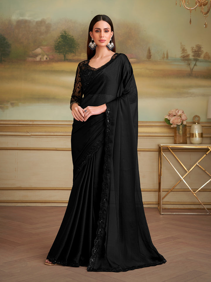 Black Satin Chiffon Saree For Party Wear