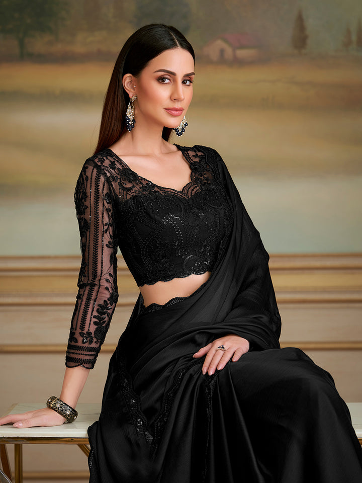 Black Satin Chiffon Saree For Party Wear