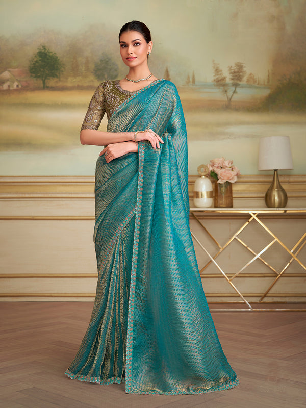 Golden Blue Georgette Saree with Tussar Silk Blouse | Festive Occasion Wear