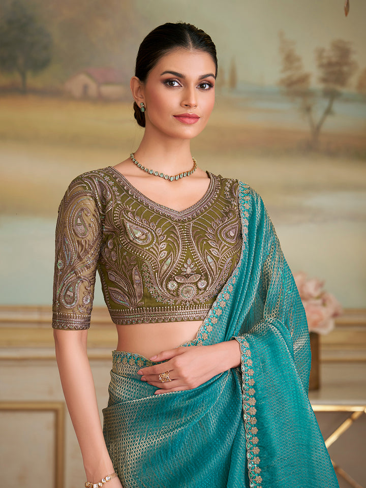 Golden Blue Georgette Saree with Tussar Silk Blouse | Festive Occasion Wear