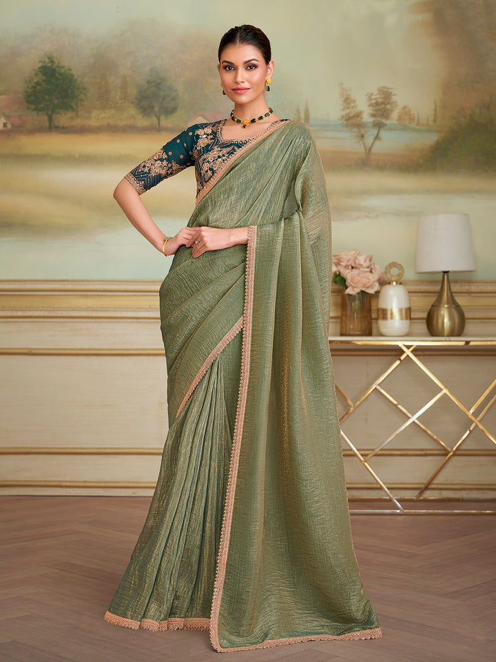 Pista Green Georgette Saree for Occasion with Contrast Blue Blouse