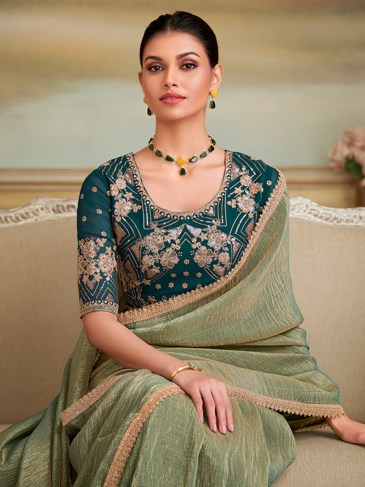 Pista Green Georgette Saree for Occasion with Contrast Blue Blouse