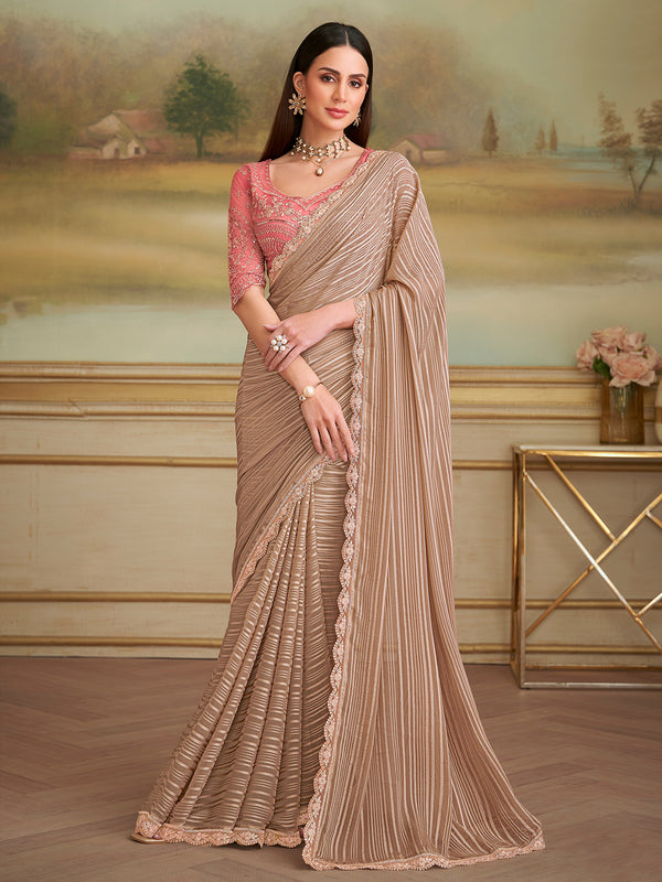 Chikoo Georgette Saree for Occasion Wear with Contrast Pink Tussar Silk Blouse