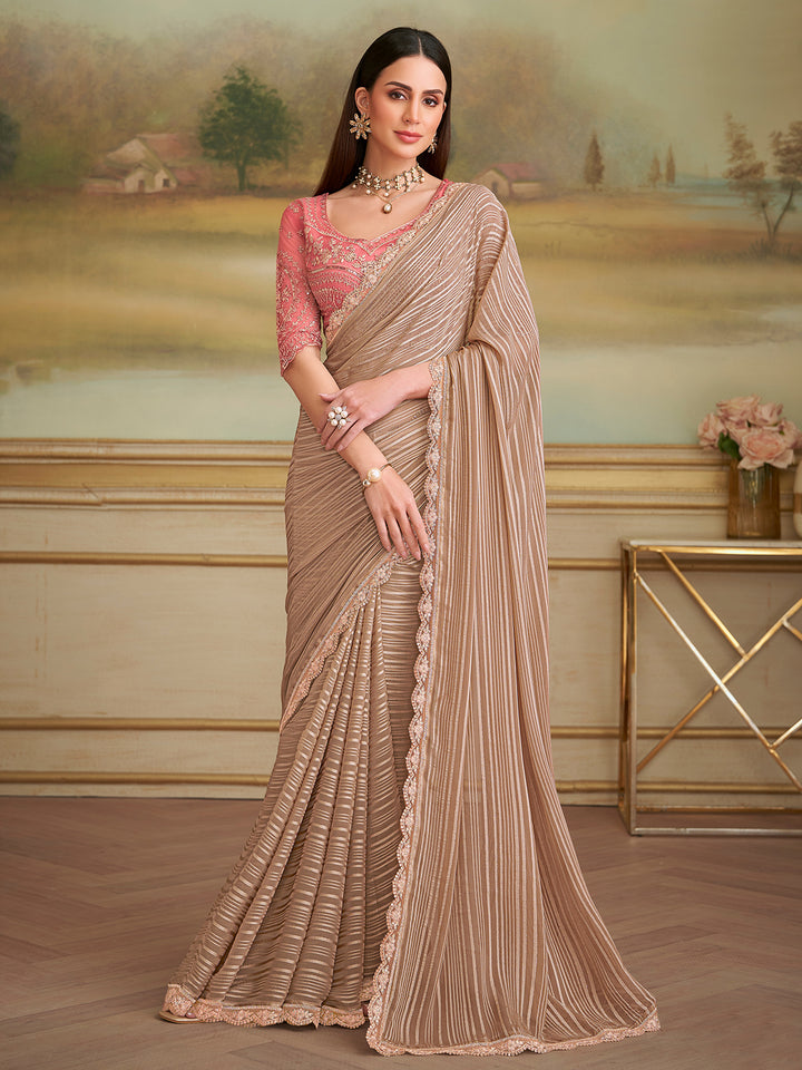 Chikoo Georgette Saree for Occasion Wear with Contrast Pink Tussar Silk Blouse