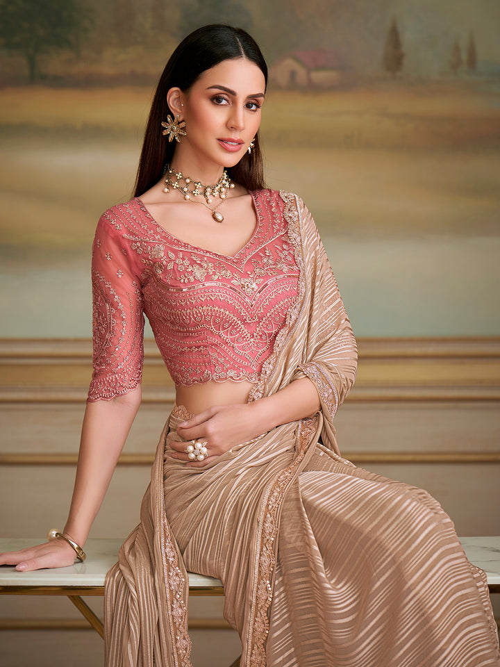 Chikoo Georgette Saree for Occasion Wear with Contrast Pink Tussar Silk Blouse