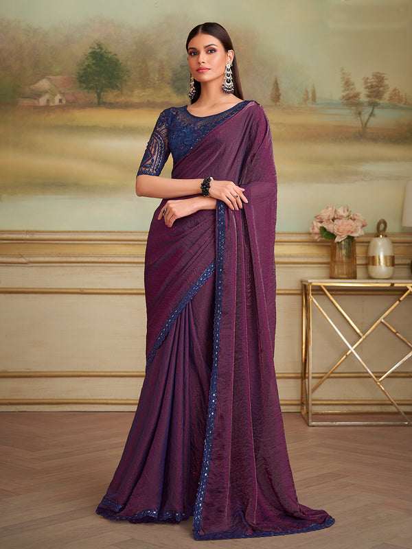 Purple Georgette Saree for Occasions with Navy Blue Tussar Silk Blouse