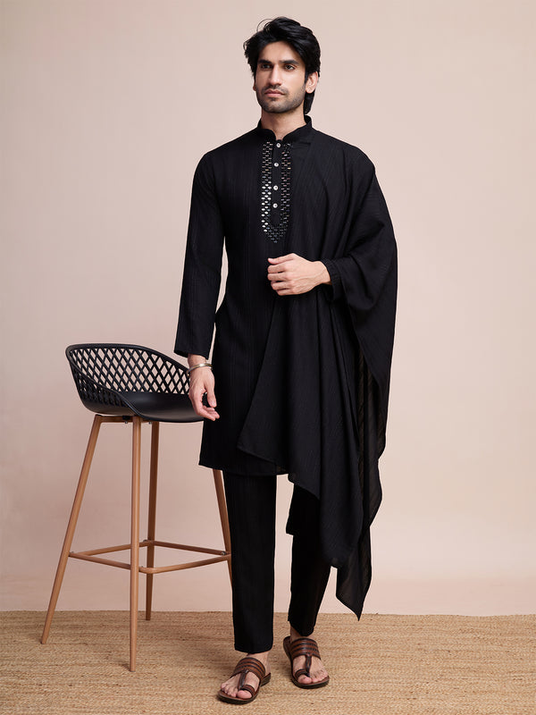 Black Men's Weaving Mirror Work Sangeet Kurta Set