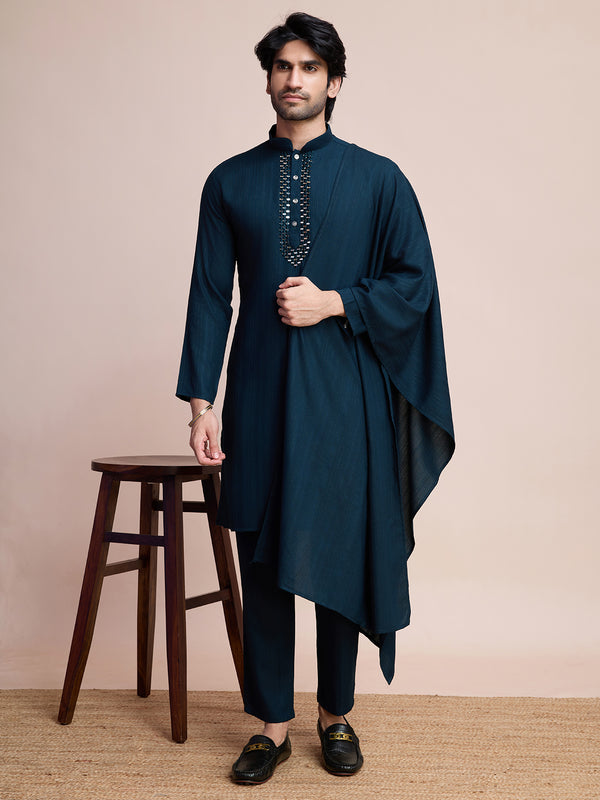 Men's Teal Blue Weaving Mirror Work Sangeet Kurta Set