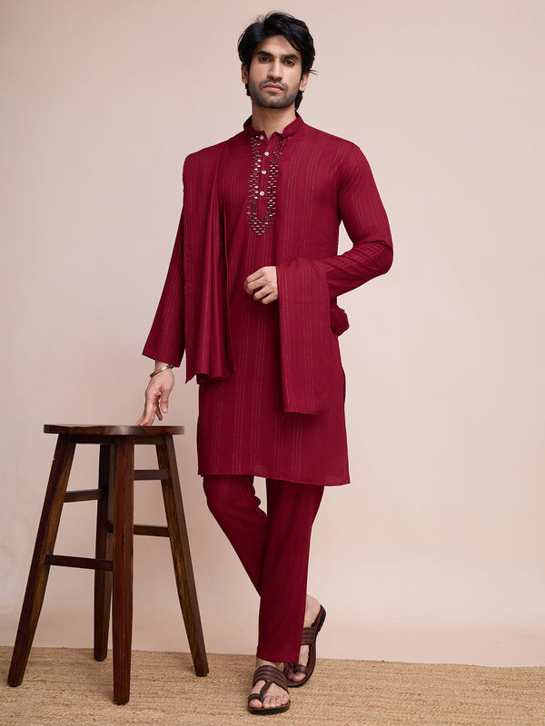 Maroon Men's Weaving Mirror Work Sangeet Kurta Set