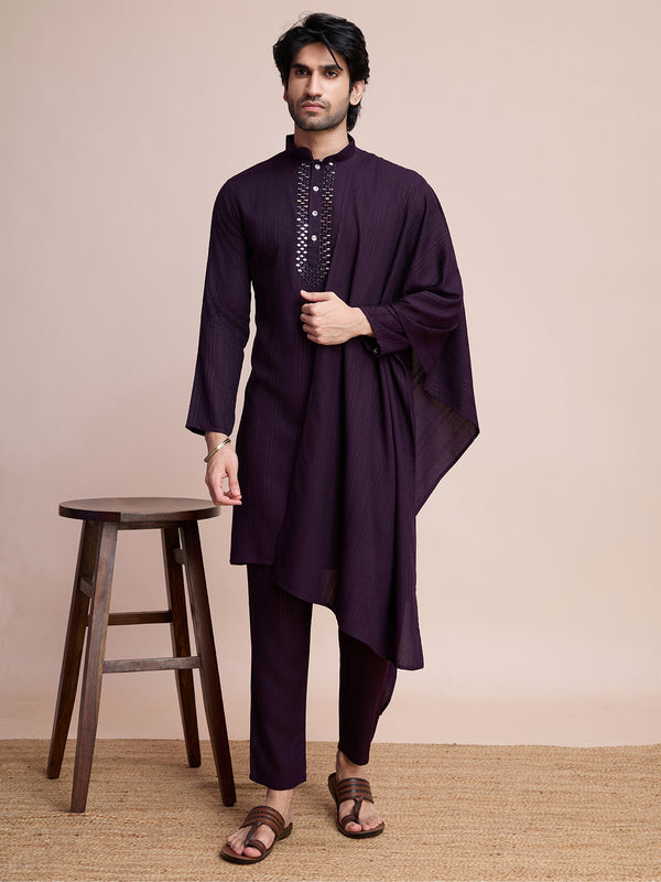 Purple Men's Weaving Mirror Work Sangeet Kurta Set