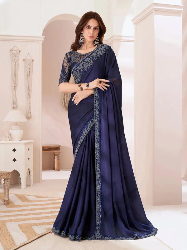 Dark Blue Shaded Silver Chiffon Silk Party Wear Saree