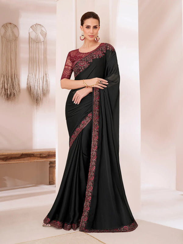 Black Georgette Silk Party Wear Designer Saree with Red Banglori silk Blouse