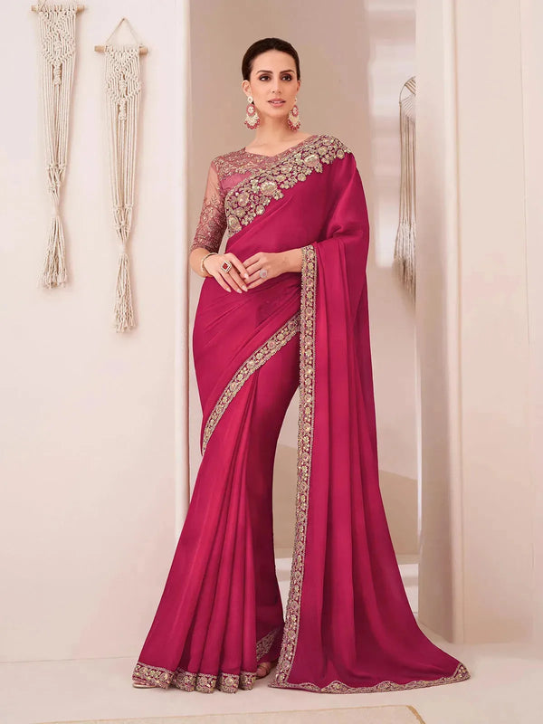 Dark Pink Chiffon Silk Party Wear Designer Saree