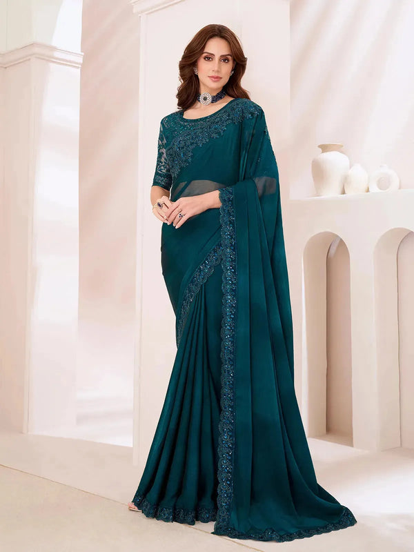 Dark Blue Chiffon Silk Party Wear Designer Saree