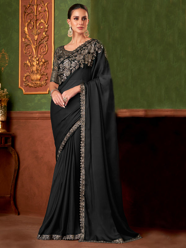 Designer Black Chiffon Silk Party Wear Saree