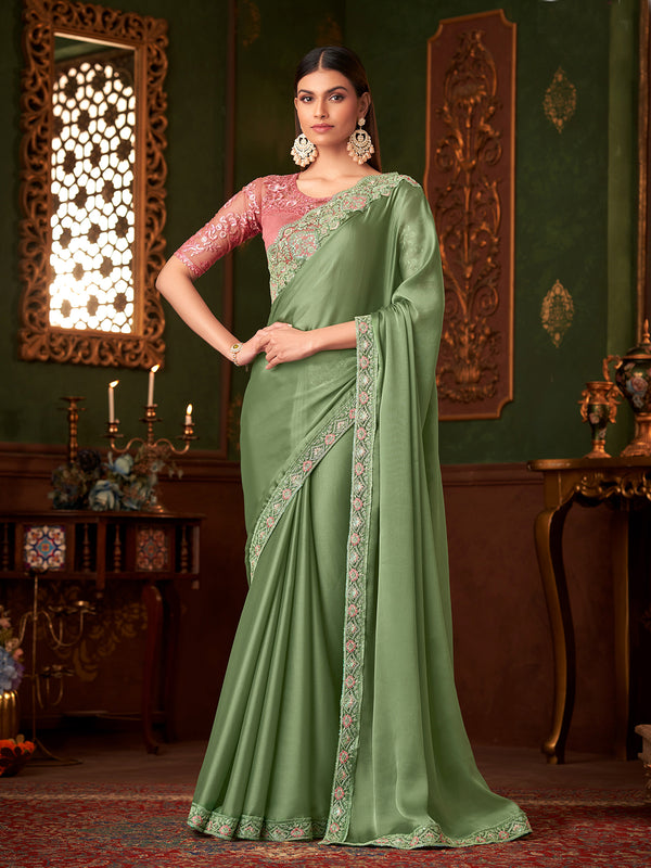 Party Wear Pista Green Chiffon Silk Saree