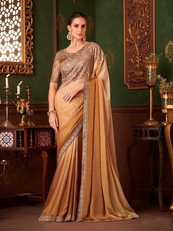 Golden Beige Party Wear Chiffon Silk Saree