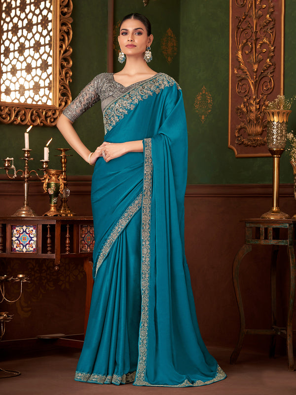 Teal Blue Chiffon Silk Party Wear Saree