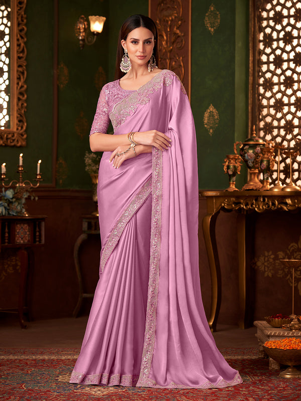 Party Wear Mauve Pink Chiffon Silk Saree