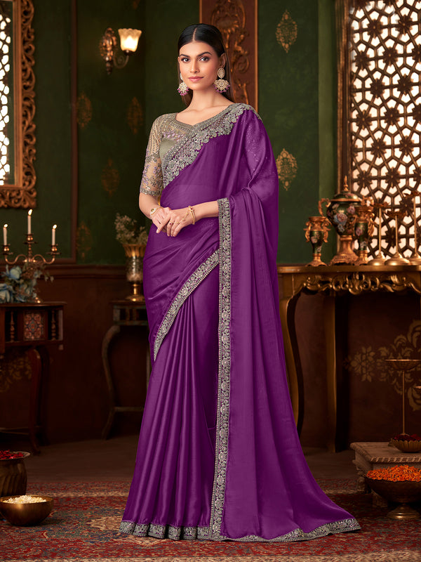 Designer Party Wear Fine Wine Chiffon Silk Saree