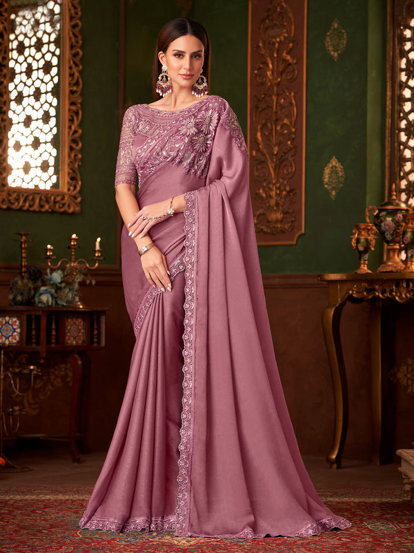 Georgette Silk Party Wear Fancy Saree In Dusty Pink