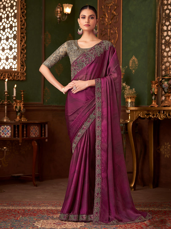 Wine Chiffon Silk Fancy Party Wear Saree