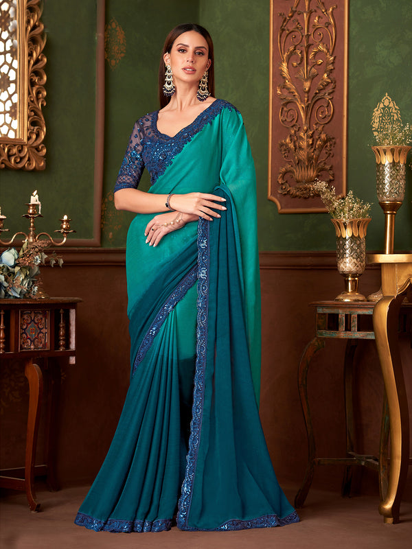 Sea Blue Chiffon Silk Fancy Party Wear Saree