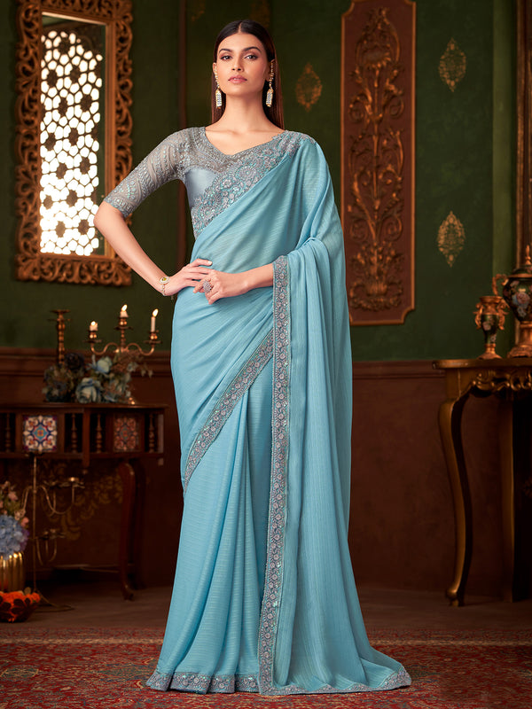 Sky Blue Chiffon Silk Party Wear Saree