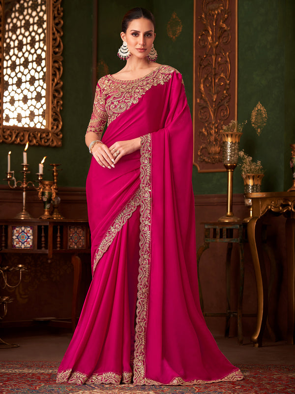 Party Wear Rani Pink Chiffon Silk Saree