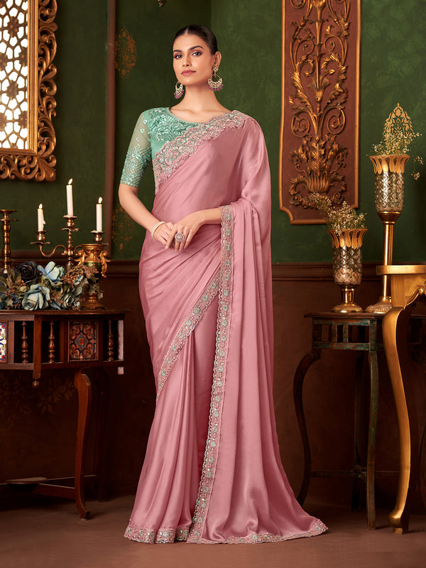 Party Wear Light Pink Chiffon Silk Saree