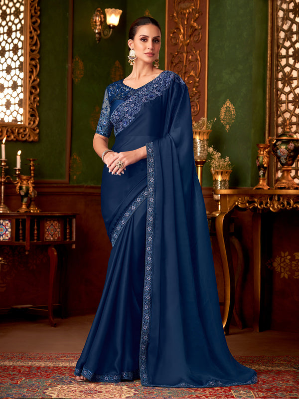 Party Wear Navy Blue Chiffon Silk Saree