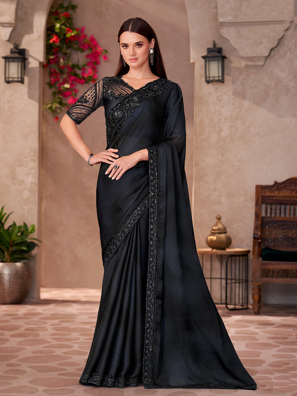 Elegant Black Shiffon Party Wear Saree with Sartin Work Blouse – Perfect for Wedding & Evening Events