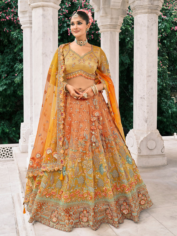 Orange-Yellow Fancy Silk Lehenga with Heavy Khatli Embroidery, Mirror & Sequin Work – Wedding Wear Designer Set