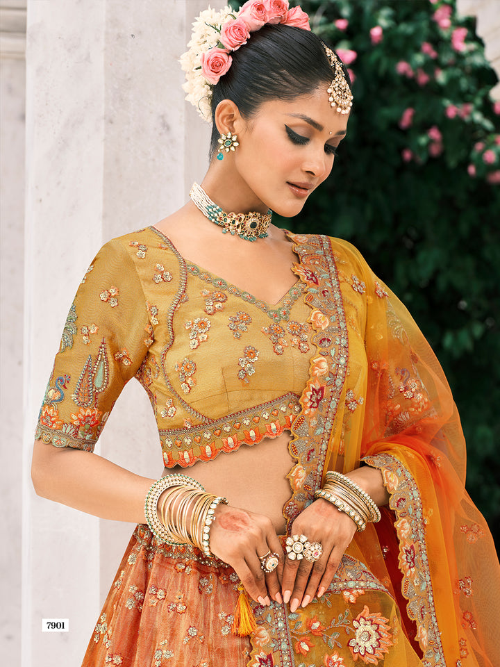 Orange-Yellow Fancy Silk Lehenga with Heavy Khatli Embroidery, Mirror & Sequin Work – Wedding Wear Designer Set