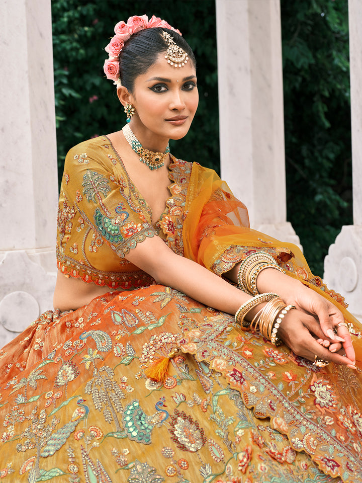 Orange-Yellow Fancy Silk Lehenga with Heavy Khatli Embroidery, Mirror & Sequin Work – Wedding Wear Designer Set