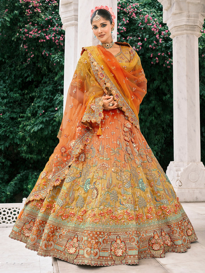 Orange-Yellow Fancy Silk Lehenga with Heavy Khatli Embroidery, Mirror & Sequin Work – Wedding Wear Designer Set