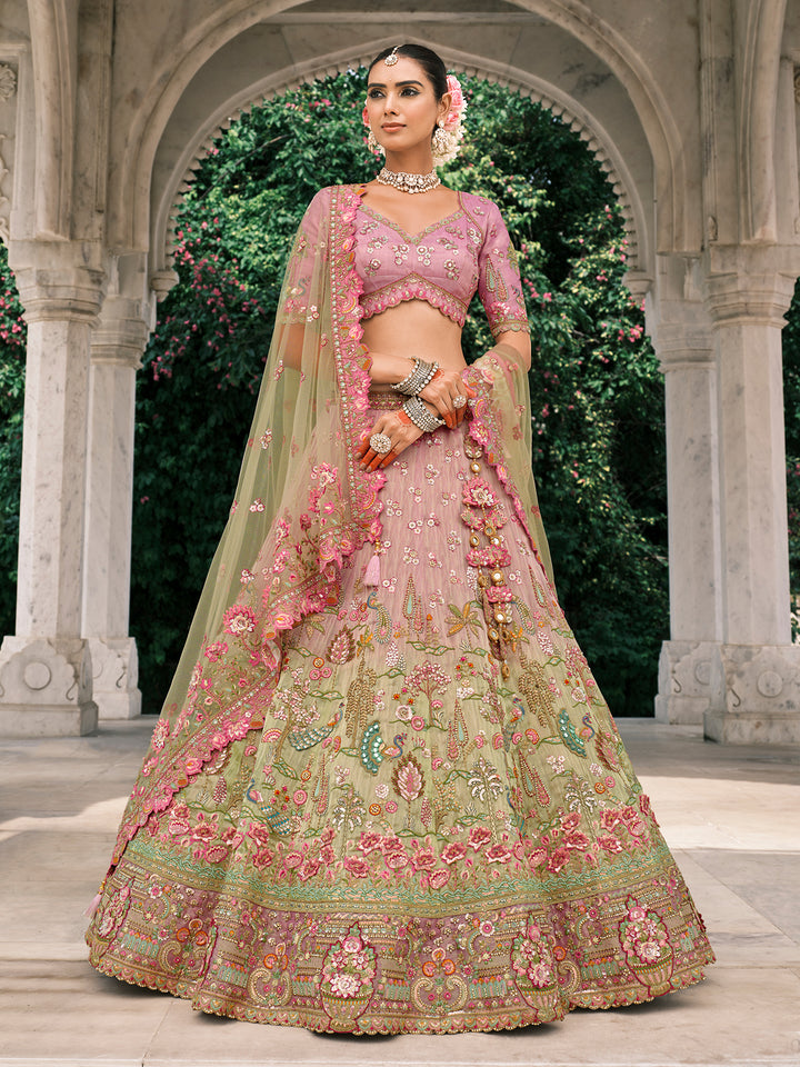 Pink-Green Silk Lehenga with Embroidery, Stone & Mirror Work – Wedding Wear Designer Outfit