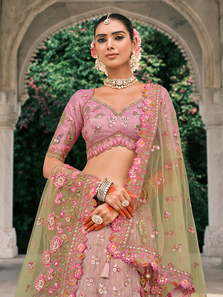 Pink-Green Silk Lehenga with Embroidery, Stone & Mirror Work – Wedding Wear Designer Outfit