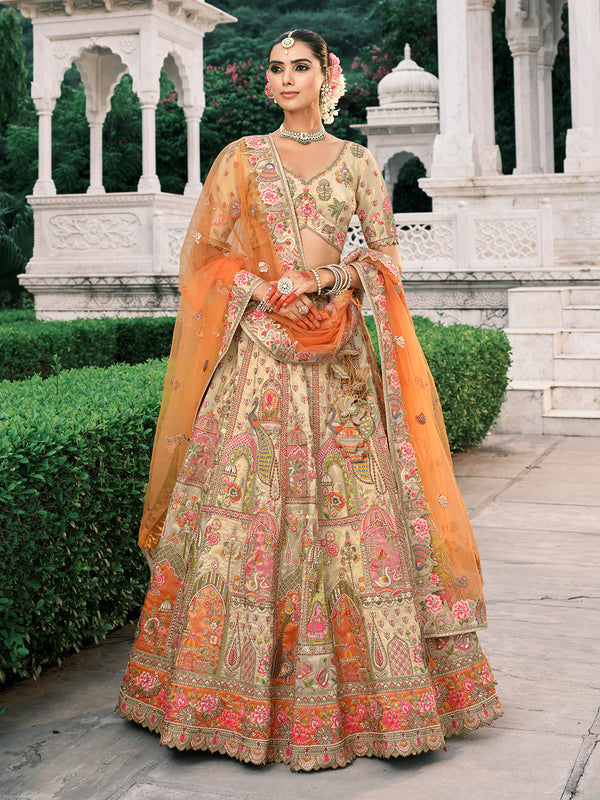 Off-White Silk Bridal Lehenga with Heavy Khatli Embroidery and Orange Net Dupatta – Wedding Wear