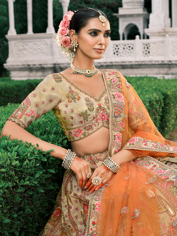 Off-White Silk Bridal Lehenga with Heavy Khatli Embroidery and Orange Net Dupatta – Wedding Wear