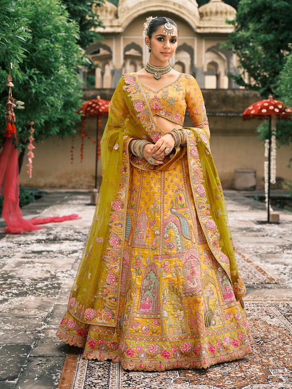 Yellow Silk Embroidered Lehenga with Green Net Dupatta – Wedding Wear