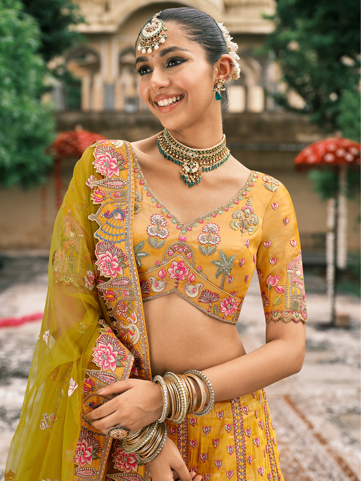 Yellow Silk Embroidered Lehenga with Green Net Dupatta – Wedding Wear