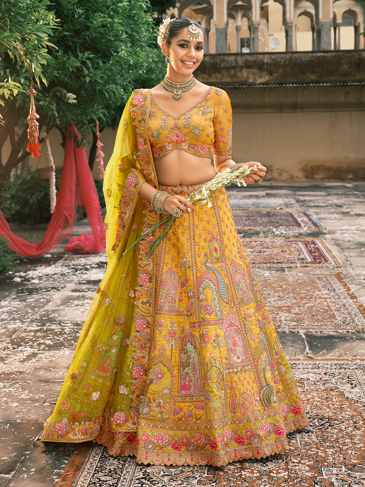 Yellow Silk Embroidered Lehenga with Green Net Dupatta – Wedding Wear