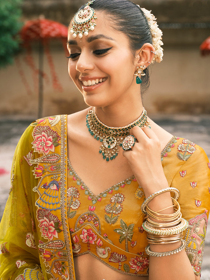 Yellow Silk Embroidered Lehenga with Green Net Dupatta – Wedding Wear